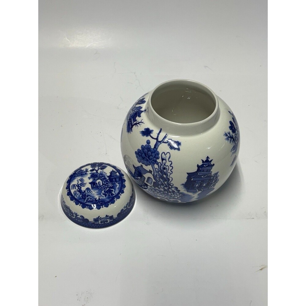 VINTAGE WILLOW R TWINING & CO BLUE AND WHITE GINGER JAR LIDDED BURGESS & LEIGH